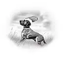 hunting shooting over a pointing dog with tall grass and pheasants flying  tattoo design idea
