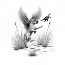 hunting shooting over a pointing dog with tall grass and pheasants flying  tattoo design idea