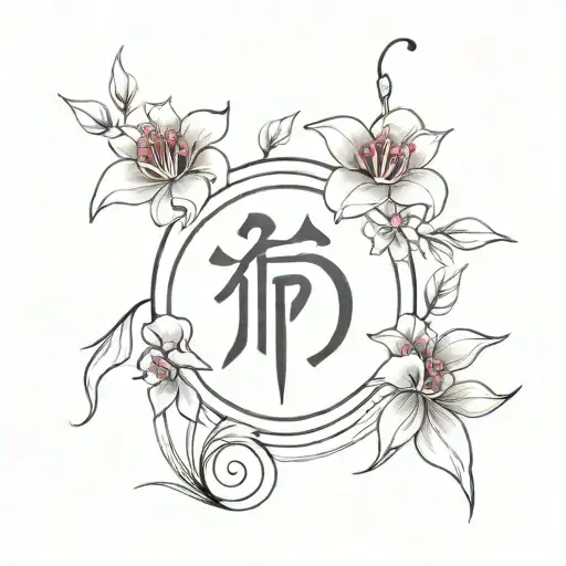 flowers with mongolian traditional script that says beautiful red ink tattoo design idea