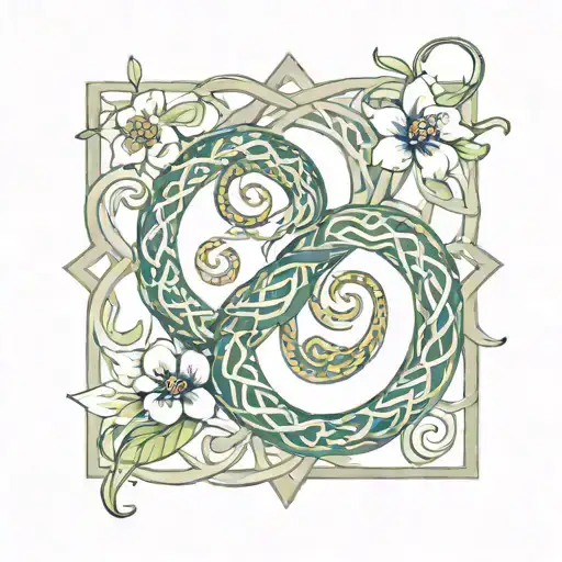 Celtic knot intertwined with snake wrapping around it with flowers,  tattoo design idea