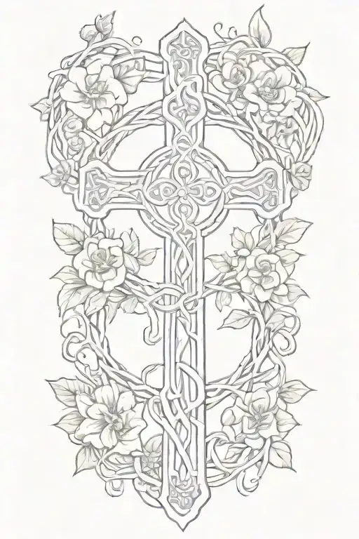 Celtic cross intertwined with vines, snake wrappingaround it with flowers,  tattoo design idea