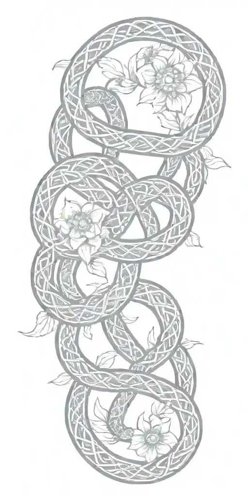 Celtic knot intertwined with snake wrapping around it with flowers, sun and moon mystical vibes tattoo design idea