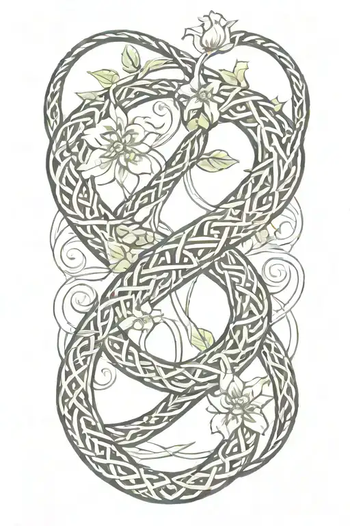 Celtic knot intertwined with snake wrapping around it with flowers,  tattoo design idea