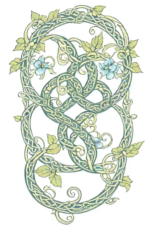 Celtic knot intertwined with vines with snake wrappingaround it with flowers,  tattoo design idea