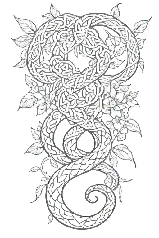 Celtic knot intertwined vine wrapping snake wrapped with flowers tattoo design idea