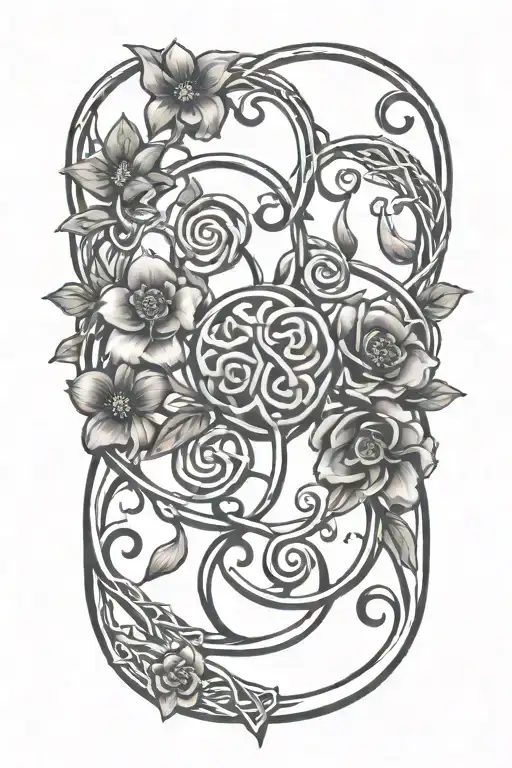 Celtic knot design intertwined with vines  sun and flowers intertwined tattoo design idea