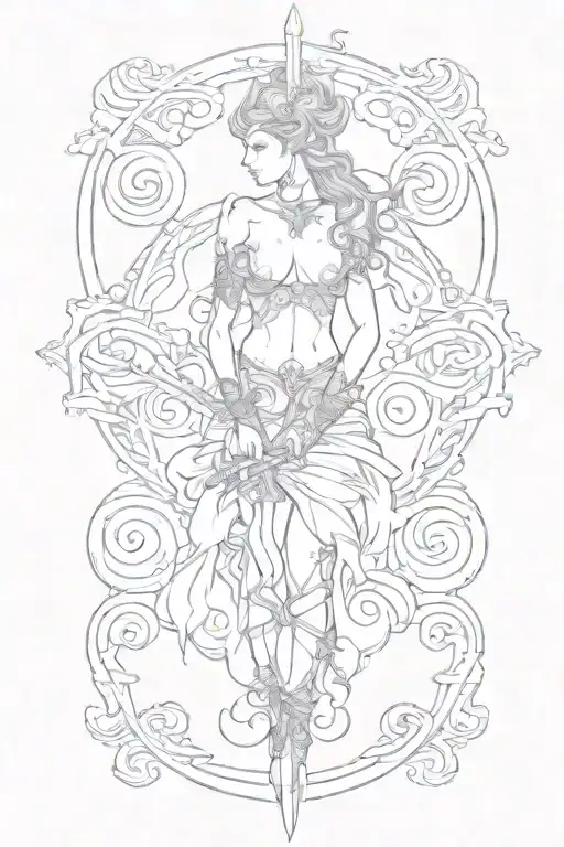 female body figure holding sword tattoo design idea