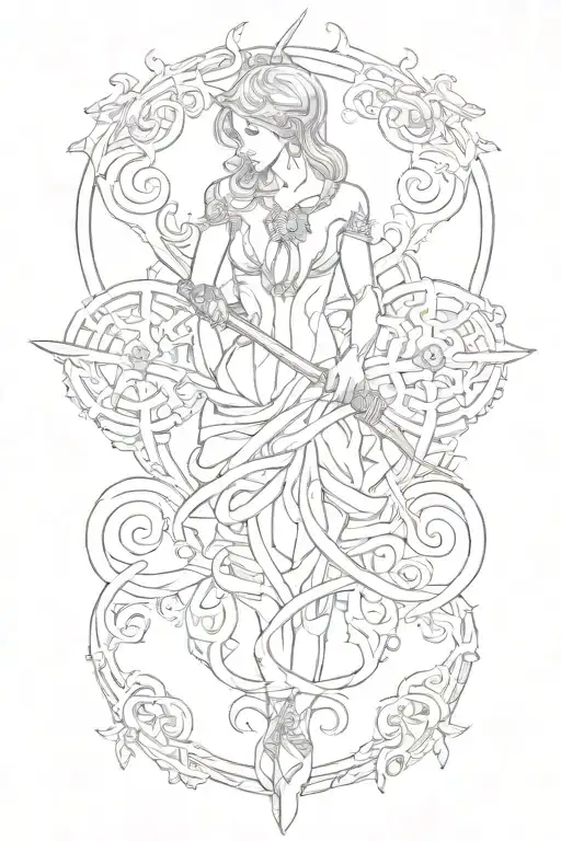 female body figure holding sword tattoo design idea