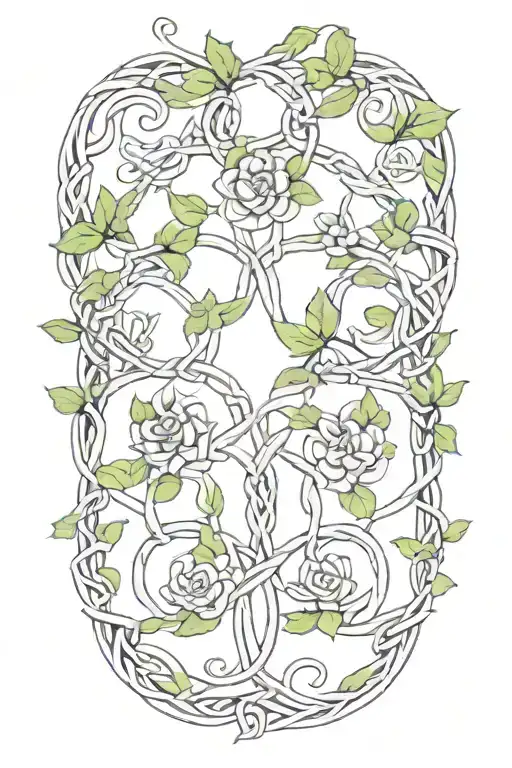 Celtic knot intertwined with vines, snake wrappingaround it with flowers,  tattoo design idea
