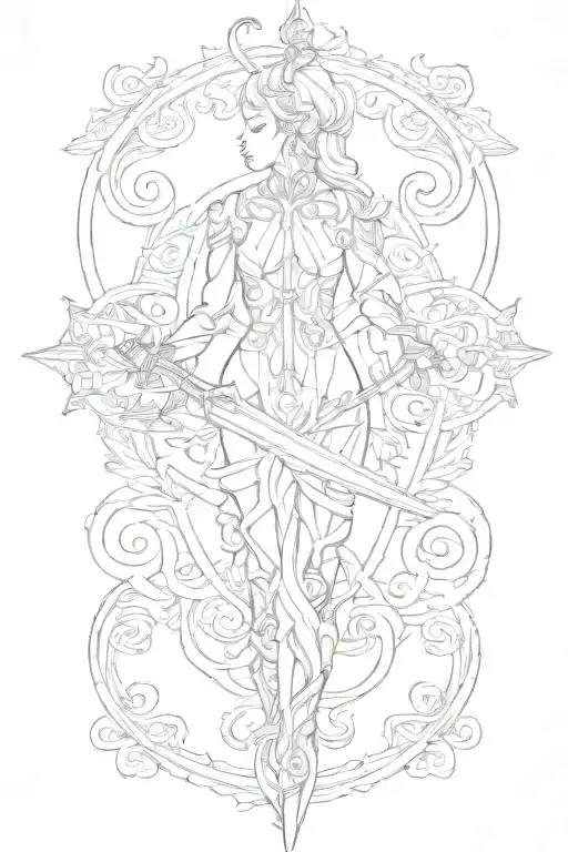 female body figure holding sword tattoo design idea