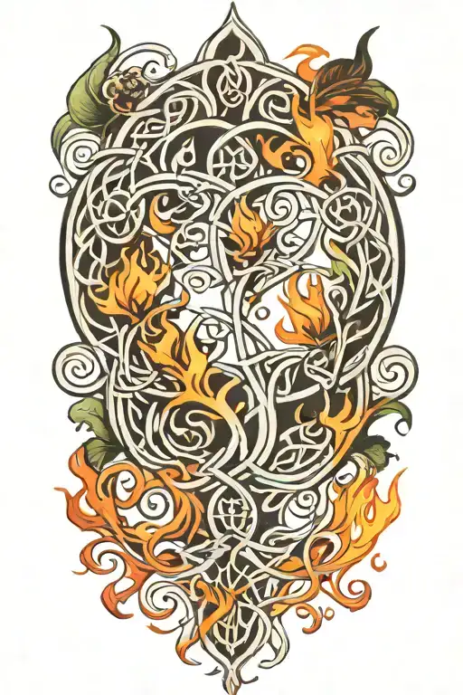thin  Celtic knot roots surrounded by flames  tattoo design idea
