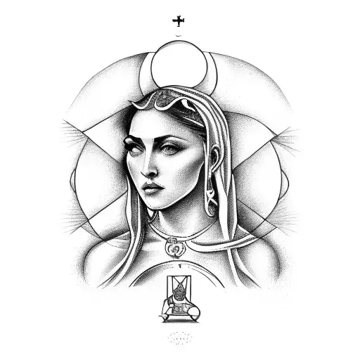 A Madonna-inspired tarot card with musical instruments tattoo design idea