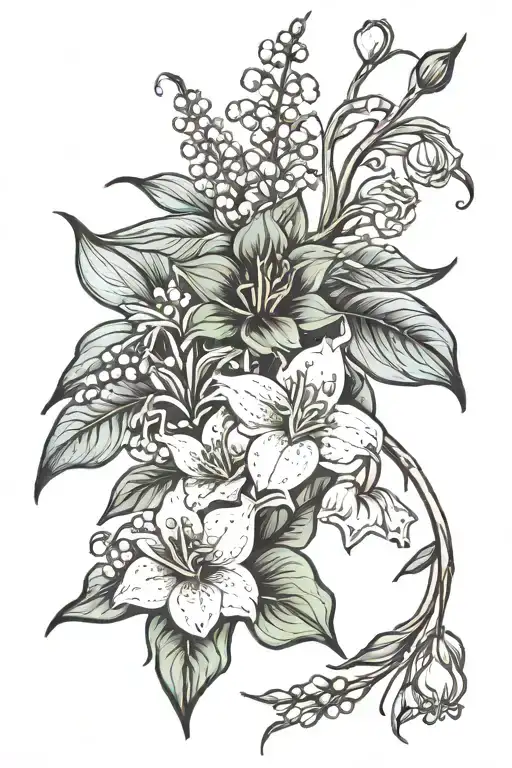 lily of the valley, aster flower, morning glory vine, gladiolus and rose tattoo design idea