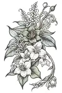 lily of the valley, aster flower, morning glory vine, gladiolus and rose tattoo design idea