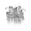 A Lagos cityscape infused with music, anime, sports, and art elements tattoo design idea