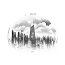 A Lagos cityscape infused with music, anime, sports, and art elements tattoo design idea