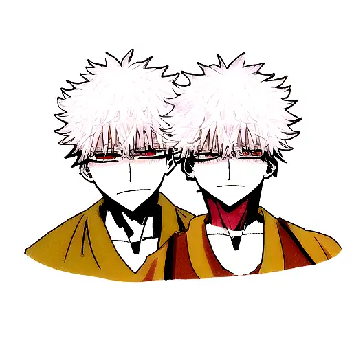 Create an image of the characters from  jujutsu Kaisen are Satoro Gojou and Sukuna, where the faces are divided vertical tattoo design idea