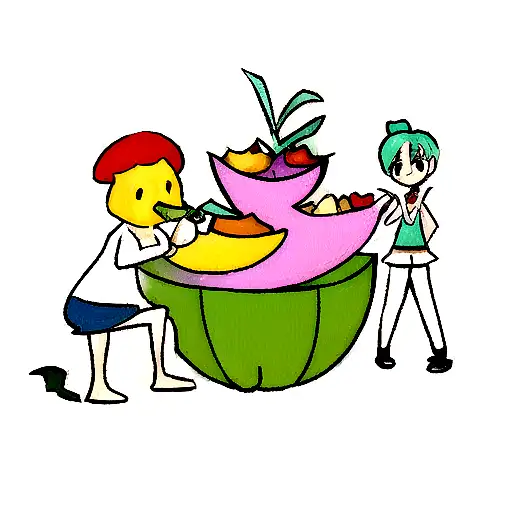 three cartoon characters a sweet pepper, squash, and a melon sitting around an oasis smoking joint under a date tree.  tattoo design idea