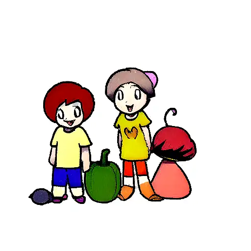 three cartoon characters a sweet pepper, squash, and a melon sitting around an oasi tattoo design idea