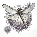 I want a circle with the letters L and P fused together in fire color inside it. Outside the circle a dragonfly violet. tattoo design idea
