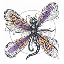 I want a circle with the letters L and P fused together in fire color inside it. Outside the circle a dragonfly violet. tattoo design idea