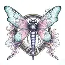 I want a circle with the letters L and P fused together in fire color inside it. Outside the circle a dragonfly violet. tattoo design idea