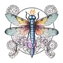 I want a circle with the letters L and P fused together in fire color inside it. Outside the circle a dragonfly violet. tattoo design idea