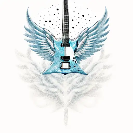 A guitar with wings, flying over a cityscape tattoo design idea