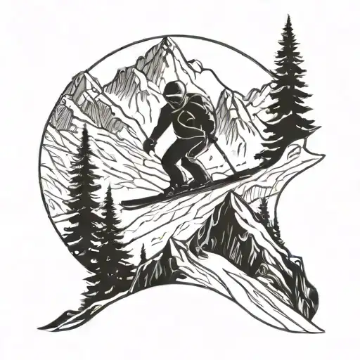 A minimalist geometric design of a skier carving through mountain slopes tattoo design idea