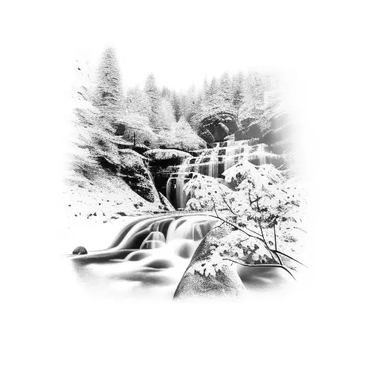 Norway nature with waterfall, trees, and white throated dipper tattoo design idea