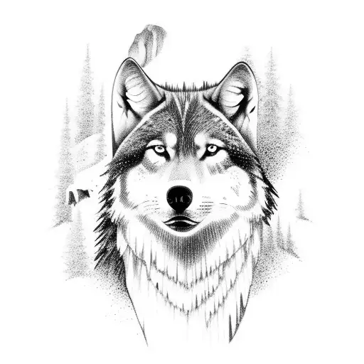 Norway nature with waterfall, fjords, trees, and wolf in the background tattoo design idea