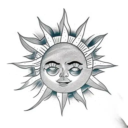 sun with a face in a good mood, a 4 arm star behind the sun tattoo design idea