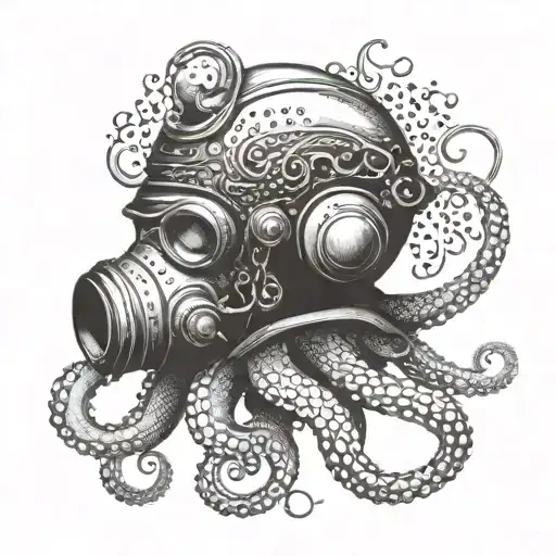 A mesmerizing octopus wrapping its tentacles around a vintage diving helmet, with waves crashing in the background tattoo design idea