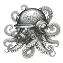 A mesmerizing octopus wrapping its tentacles around a vintage diving helmet, with waves crashing in the background tattoo design idea