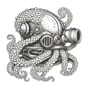 A mesmerizing octopus wrapping its tentacles around a vintage diving helmet, with waves crashing in the background tattoo design idea