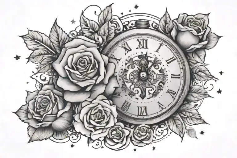 mix of sand watch, roses and surrounded with little stars tattoo design idea