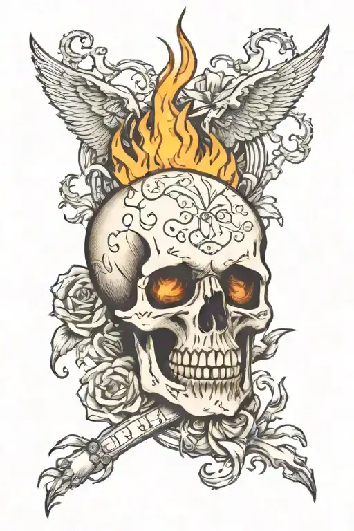 skull on fire with my kids initials intertwined.   tattoo design idea