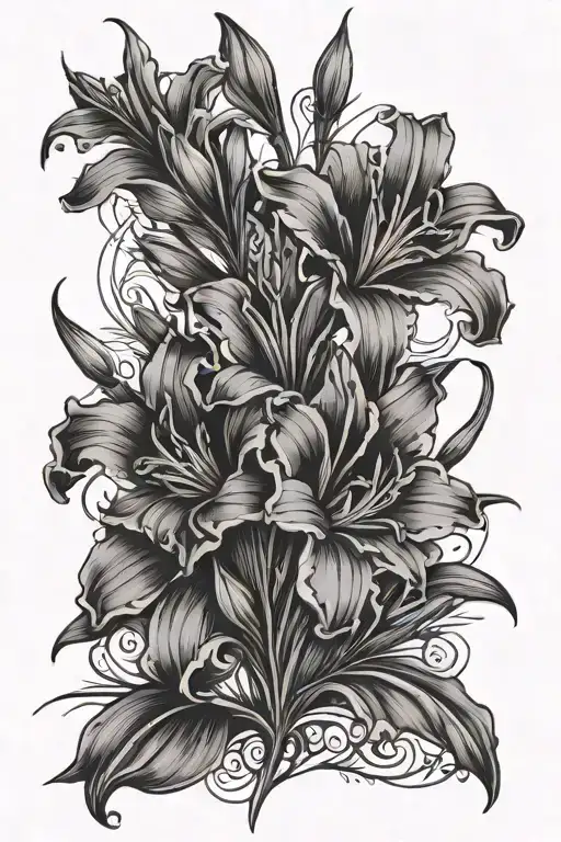 fine line x-ray gladiolus flower with ornaments on pelvic or thigh area tattoo design idea