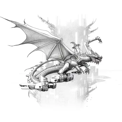 A cyberpunk-inspired dragon soaring through a futuristic cityscape tattoo design idea