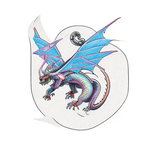 A cyberpunk-inspired dragon soaring through a futuristic cityscape tattoo design idea