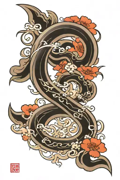 A tattoo with     心身 在在 桃無 源間  in caligraphy style inside a scroll. Neo japanese traditional style with wind bars tattoo design idea