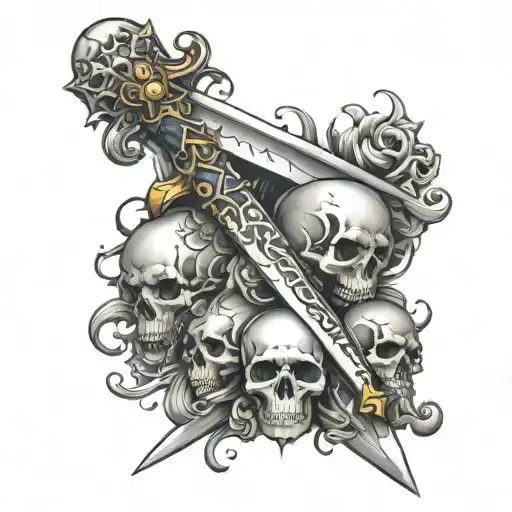 a sword that has a pile of skulls at the bottom and 2 angles floating above the a sword tattoo design idea