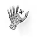 Design a tattoo of a robotic hand reaching out to touch a butterfly in a surreal nature setting tattoo design idea
