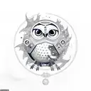 Combine a swirling galaxy with a robotic owl flying through a forest in a cosmic tattoo design tattoo design idea
