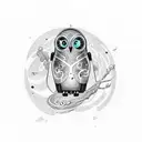 Combine a swirling galaxy with a robotic owl flying through a forest in a cosmic tattoo design tattoo design idea
