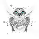 Combine a swirling galaxy with a robotic owl flying through a forest in a cosmic tattoo design tattoo design idea