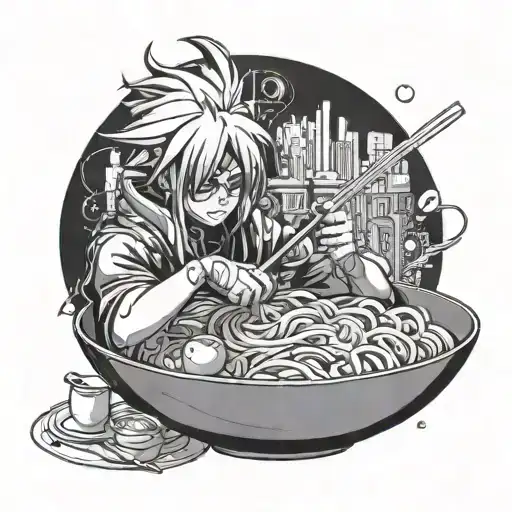 A futuristic cyberpunk anime character enjoying a bowl of ramen noodles tattoo design idea