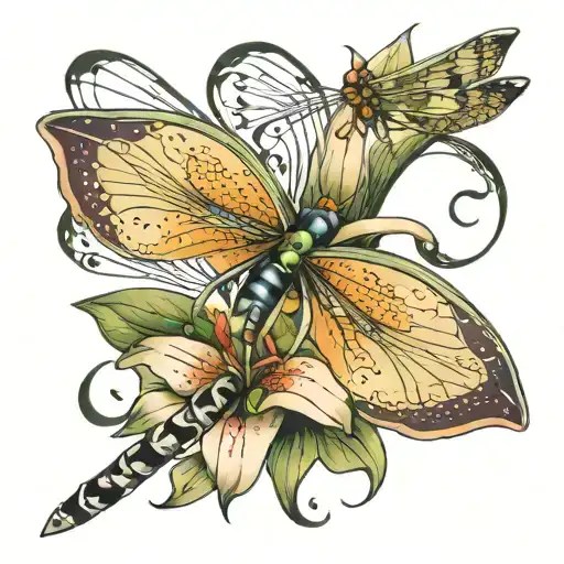 lily with dragonfly surrounded by musical notes  tattoo design idea