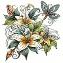 lily with dragonfly surrounded by musical notes  tattoo design idea