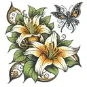 lily with dragonfly surrounded by musical notes  tattoo design idea